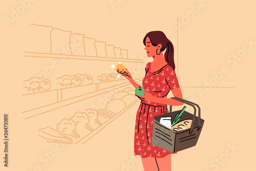 Shopping, sale, coice, store, buy concept. Young woman buyer consumer customer character choosing food products in grocery shop supermarket holding fruits in hand. Daily life recreation illustration.