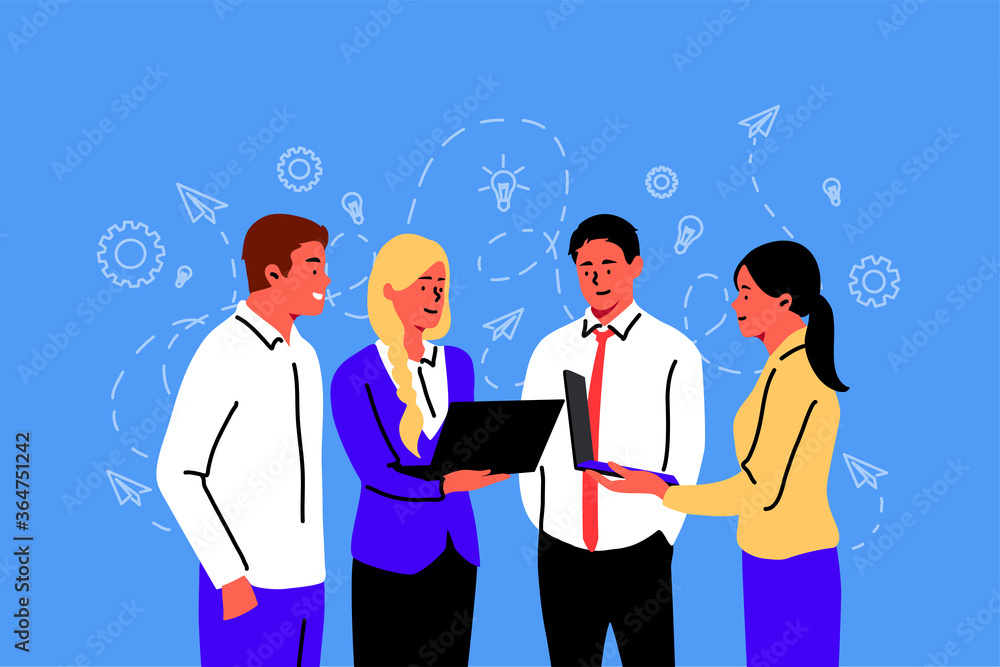 Meeting, coworking, teamwork, business concept. Team business people businesswomen coworkers men clerks managers partners collaborate together at office. Discussion and planning strategy illustration.