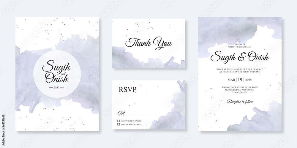 Elegant set of wedding invitation templates with watercolor splashes