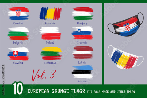 10 European grunge flags for face mask and other ideas. Croatia, Romania, Hungary, Bulgaria, Poland, Slovenia, Slovakia, Lithuania, Latvia, Estonia. All elements are on separate layers.