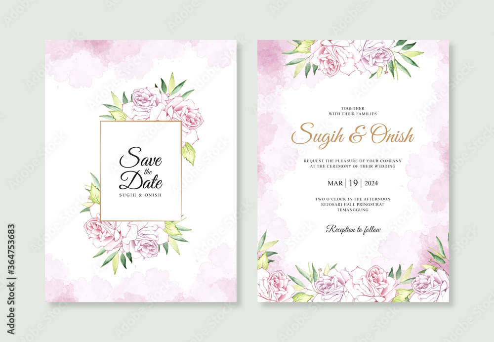 Wedding invitation card templates with watercolor flowers and splashes