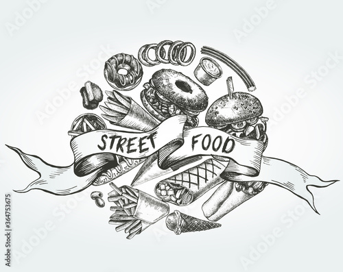 Ink hand drawn background of various burgers, hot dog, burrito, French fries, nuggets. Food elements collection for menu or signboard design. Vector illustration.