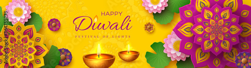Diwali, festival of lights holiday banner with paper cut style of Indian Rangoli, diya - oil lamp and lotus flowers. Yellow color background. Vector illustration.