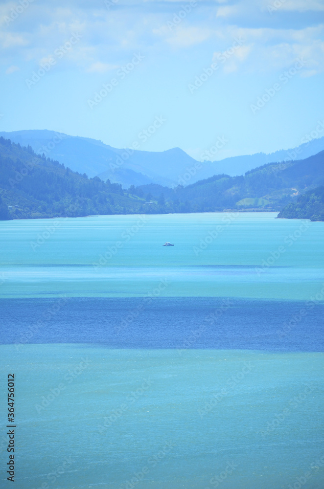 Beautiful gradient blue colour of Picton, New Zealand. Picton - The heart of the Marlborough Sounds