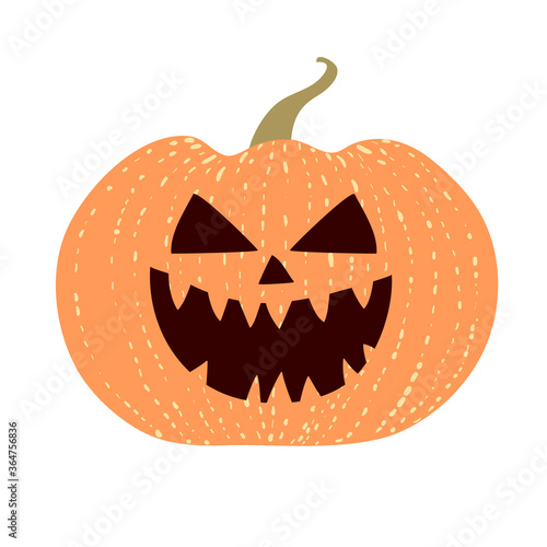 Evil pumpkin laugh isolated on white background. Fun hand drawn design. Halloween holiday decoration. Jack o lantern spooky character with grinning smile. Mean face. Stock vector illustration