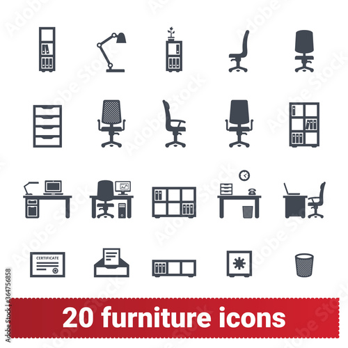 Furniture and accessories icons. Office furnishing, home workplace and office workspace silhouette illustrations. Vector collection isolated on white background.