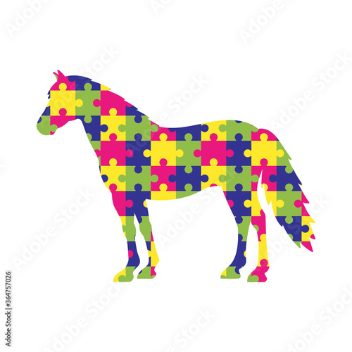 Vector illustration of horse silhouette with puzzle pattern isolated on white background	
