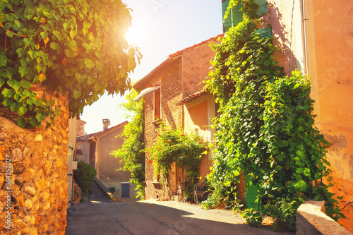 Old architecture with green plants on the street in Valensole  Provence  France. Famous tavel destination