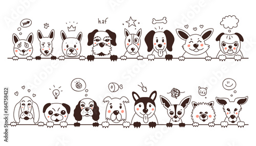Set of cute dogs. Doodle Dogs are thinking about something. Vector illustration on white isolated background