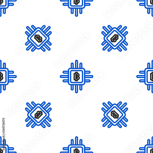 Line CPU mining farm icon isolated seamless pattern on white background. Bitcoin sign inside processor. Cryptocurrency mining community. Digital money. Colorful outline concept. Vector.