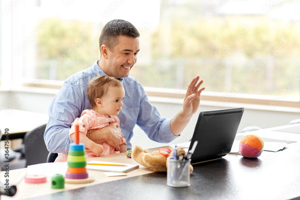 remote job, multi-tasking and family concept - middle-aged father with baby working on laptop at home office - obrazy, fototapety, plakaty 