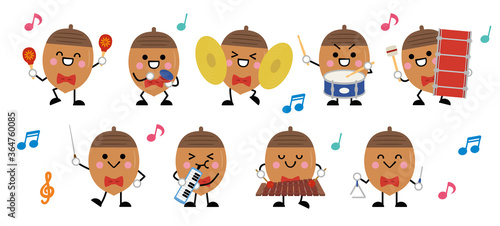 音楽会や演奏会で使えるドングリの音楽隊のベクターイラストセット