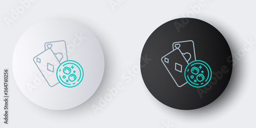 Line Playing cards and glass of whiskey with ice cubes icon isolated on grey background. Casino gambling. Colorful outline concept. Vector.