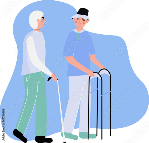 Elderly men walking. man with a cane and man with a walker on a walk.