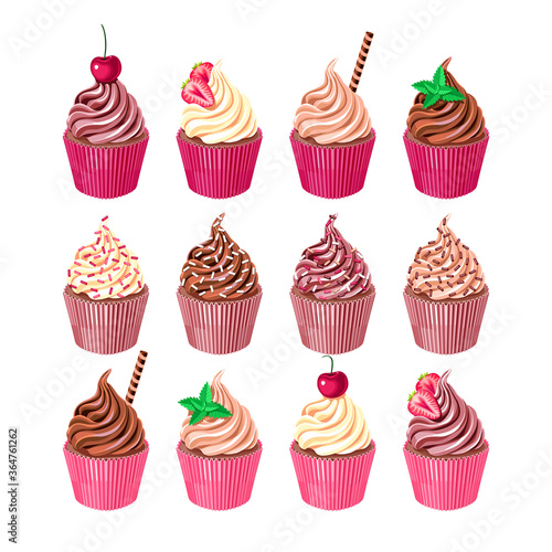 set of chocolate, vanilla and coffee cupcakes with cherry, strawberry, mint, waffle and sprinkles. vector illustration
