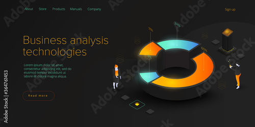 Business analysis in isometric vector illustration. Data analytics for company marketing solutions or financial performance. Budget accounting or statistics concept. Web banner layout template.