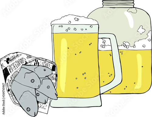 vector illustration beer can,beer mug and fish wrapped in newspaper,beer day