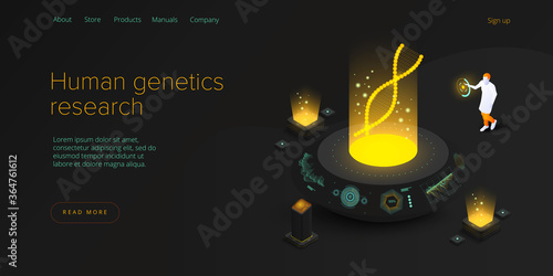 Human genetics concept in isometric vector illustration. DNA molecule or gene research technology. Medical innovations or biotechnology science background. Biology web banner template.