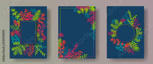 Botanical herb twigs, tree branches, leaves floral invitation cards collectio...