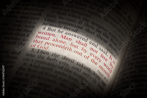 Man Shall Not Live on Bread Alone Bible Scripture Illuminated on Page photo