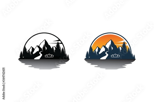 River side pine tree with sun, icon symbol for camping or adventure.