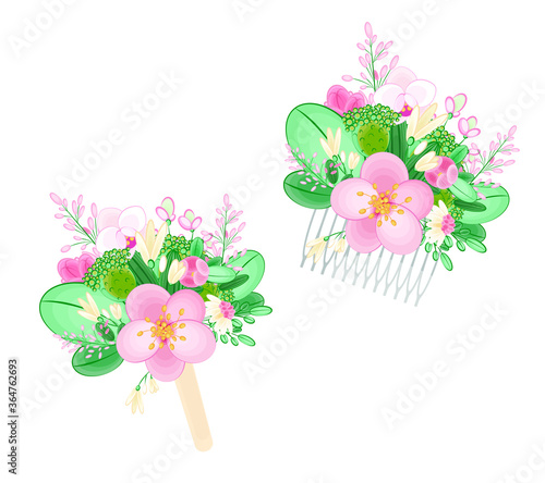 Wedding accessories. Boutonniere and hairpin. Vector flat illustration. Set of hand drawn wedding elements.
