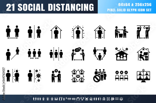Vector of 21 Social Distancing, Coronavirus Disease 2019 Covid-19 Solid Glyph Icon Set. Stay Home, Work from Home. 64x64 Pixel.