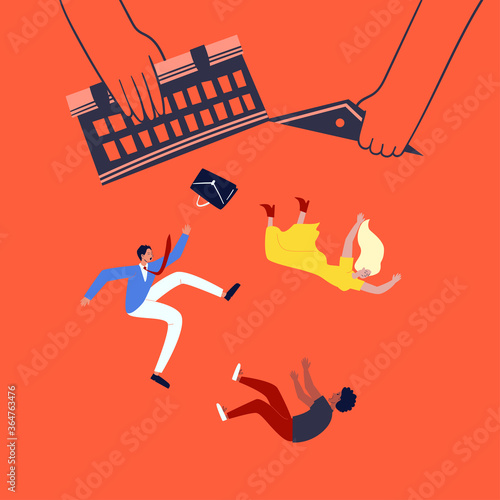 Dismissal of people from work. Former workers fall into the abyss of unemployment. Big hands hold the building from which people of different races fall.