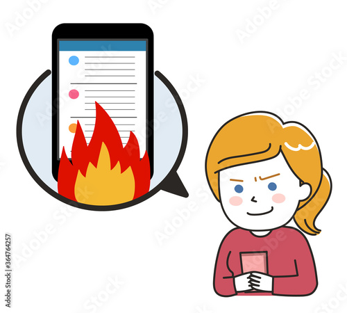 Woman repeatedly spreading fake news on the internet. Vector illustration isolated on white background.