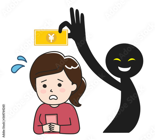 Woman cheated out of money on the internet. Vector illustration isolated on white background.