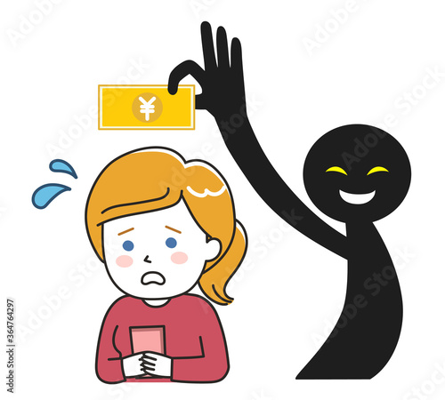 Woman cheated out of money on the internet. Vector illustration isolated on white background.