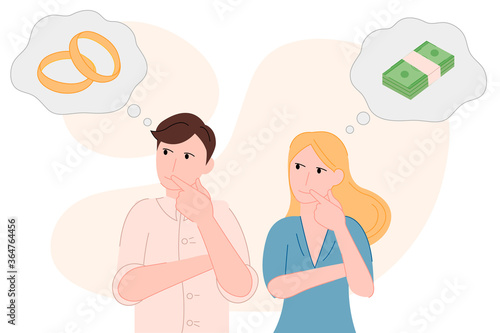 Cartoon flat man thinks about a wedding and a girl thinks about money vector illustration modern style 