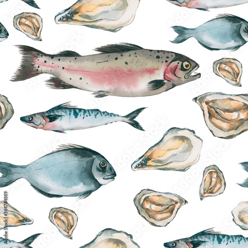 Seamless pattern with watercolor fish. Food illustration without background. Trout, salmon, dorado, mackerel isolated on white background