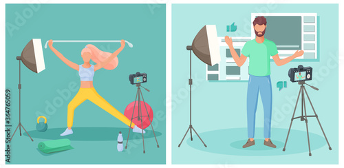 Young people creating video blogs. Vlog concept. Vector illustration. 