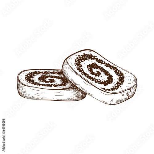 hand drawn slices of poppy seed cake or strudel isolated on white. bun or roll filled with poppy seeds set. engraved pastry sketch. Vector illustration of polish traditional dessert. christmas cake.