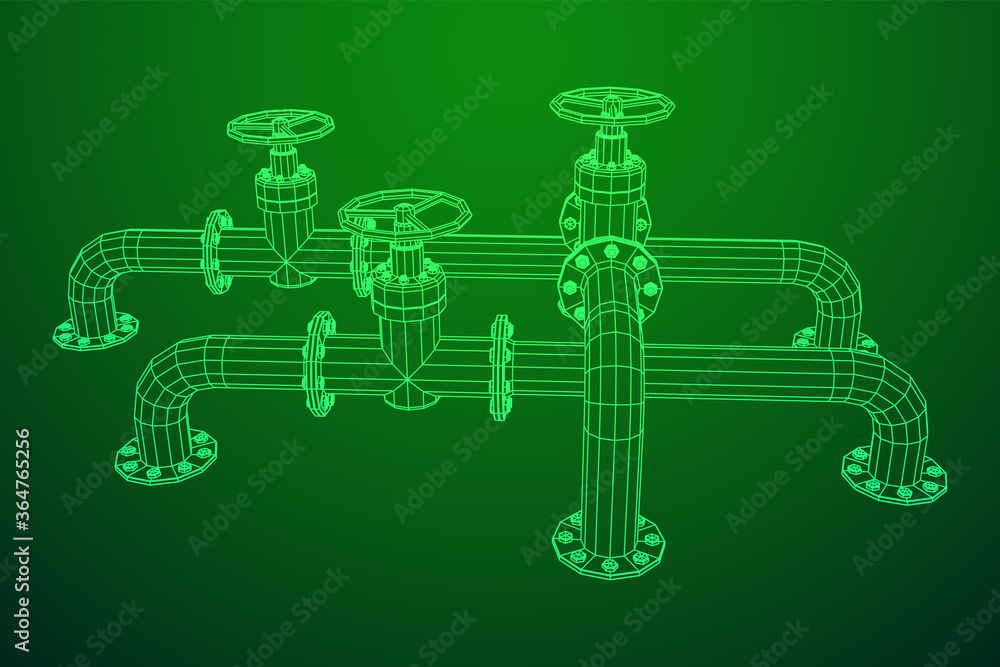 Oil pipeline with valve business concept. Finance economy polygonal petrol production. Petroleum fuel industry transportation line. Wireframe low poly mesh vector illustration.