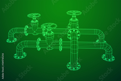 Oil pipeline with valve business concept. Finance economy polygonal petrol production. Petroleum fuel industry transportation line. Wireframe low poly mesh vector illustration.