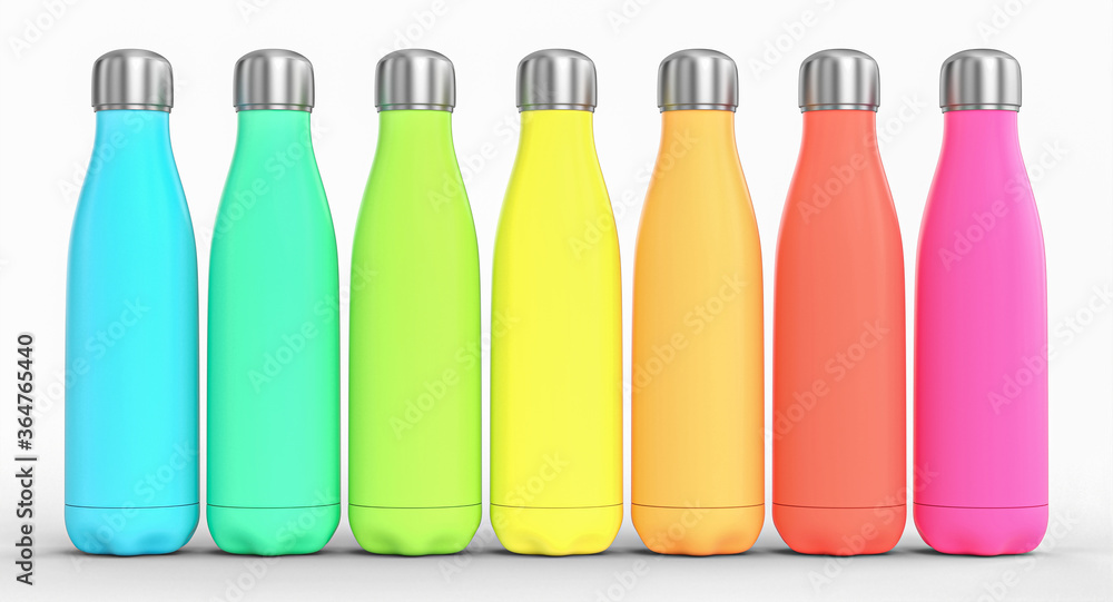 stainless steel bottles with different colors on a white background. stainless steel bottles with different colors on a white background.