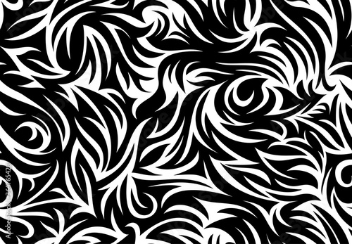 Seamless tattoo floral tribal background. Black enveloping loop pattern repeatable zembra camouflage maze.