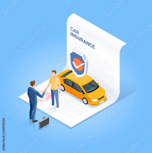 Car insurance services. Businessman shaking hand with customer on insurance contract document. Vector isometric illustration.