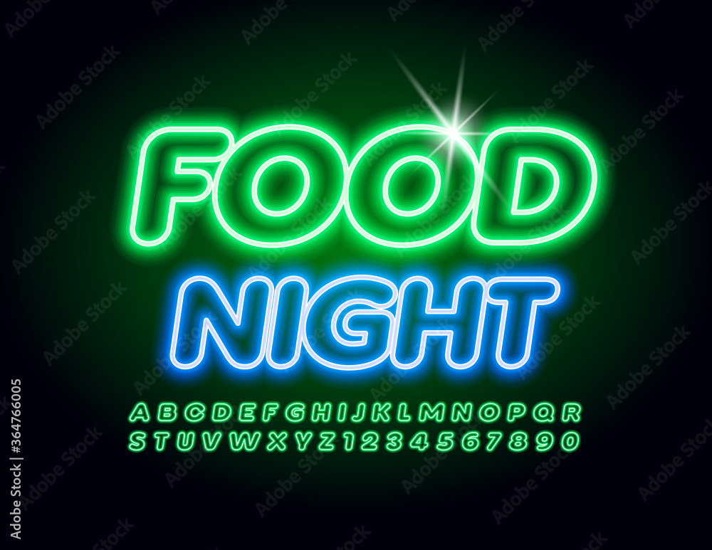 Vector neon sign Night Food. Green Electric Font. Glowing light Alphabet Letters and Numbers Vector neon sign Night Food. Green Electric Font. Glowing light Alphabet Letters and Numbers