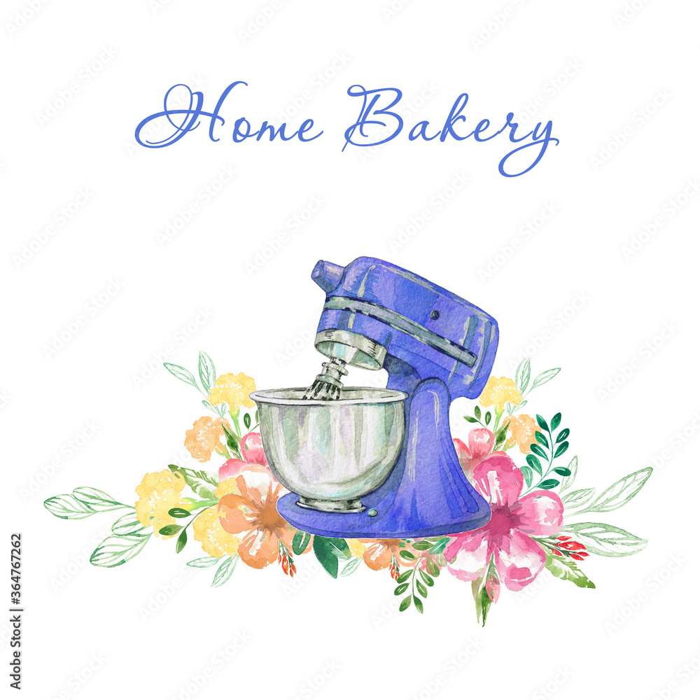 Watercolor mixer with bloom on white background. Composition with  watercolor floral elements. For bakery or Women design. Beauty stile. Hand  drawn illustration. Stock Illustration