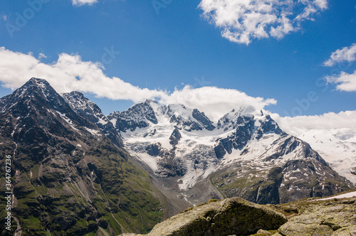 Piz Roseg, Piz Scerscen, Piz Sella, Wanderweg, Fuorcla Surlej, Murtèl, Corvatsch, Gletscher, Piz Bernina, Tschierva Gletscher, Piz Tschierva, Engadin, Alpen, Graubünden, Sommer, Schweiz