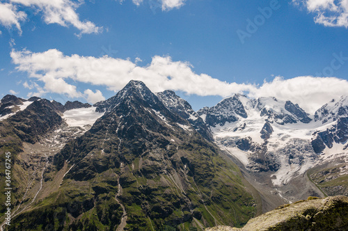 Piz Roseg, Piz Scerscen, Wanderweg, Fuorcla Surlej, Murtèl, Corvatsch, Gletscher, Piz Bernina, Tschiervagletscher, Piz Tschierva, Engadin, Alpen, Graubünden, Sommer, Schweiz