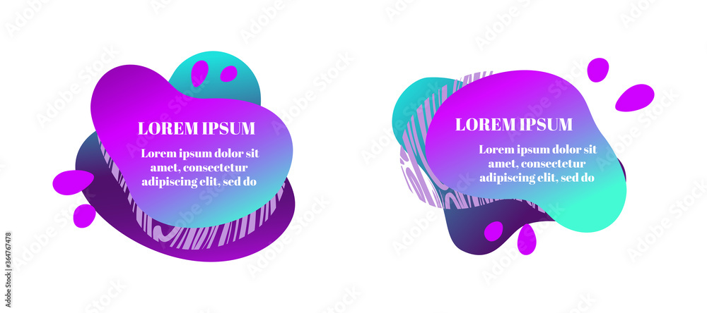 Abstract fluid gradiented shape set, trendy neon blue violet cyan colors. Useful as a design element for web banners, flyers. Isolated, white background, applicable for your text. Vector illustration. Abstract fluid gradiented shape set, trendy neon blue violet cyan colors. Useful as a design element for web banners, flyers. Isolated, white background, applicable for your text. Vector illustration.