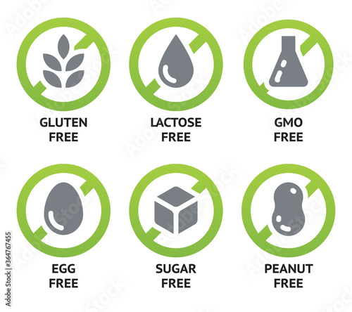 Set of vector icons of common allergens (gluten, lactose, eggs, peanut), sugar free and GMO free labels. Round stickers with food intolerance symbols for product packaging