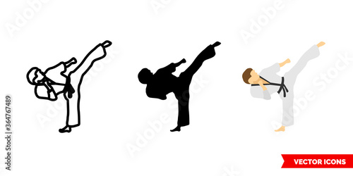 Taekwondo kick icon of 3 types. Isolated vector sign symbol.