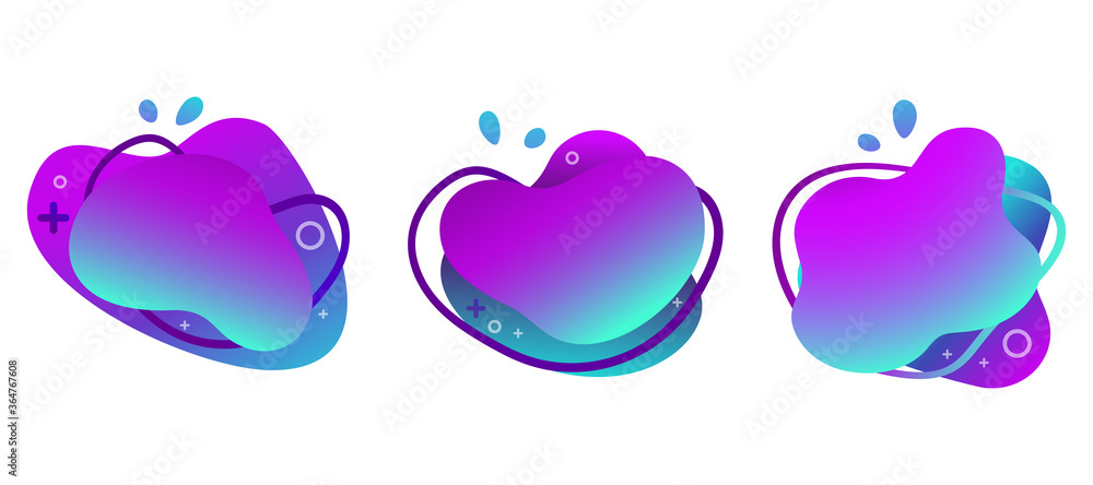 Abstract fluid gradiented shape set, trendy neon blue violet cyan colors. Useful as a design element for web banners, flyers. Isolated, white background, applicable for your text. Vector illustration. Abstract fluid gradiented shape set, trendy neon blue violet cyan colors. Useful as a design element for web banners, flyers. Isolated, white background, applicable for your text. Vector illustration.