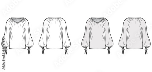 Blouse technical fashion illustration with wide round neckline, breezy silhouette, pintucked pleats, bishop sleeves. Flat apparel shirt template front back, white, grey color. Women men unisex top CAD photo