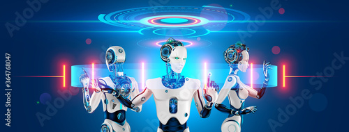 A team of cyborg robots works with a virtual 3d interface in cyberspace. An anthropomorphic bionic Android with artificial intelligence manages a team of workers. The fourth industrial revolution.